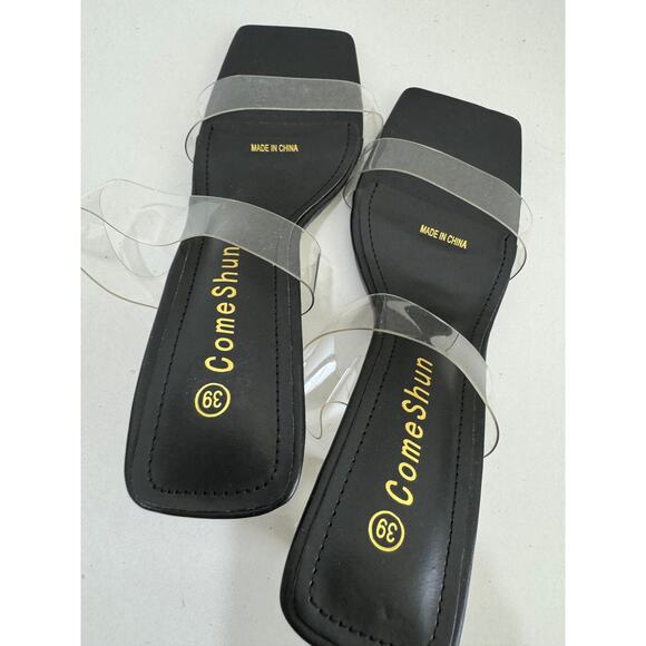 NWOT ComeShun Low Block Heels Mules Two Transparent Band Square Toe Pumps 8 - Picture 5 of 9